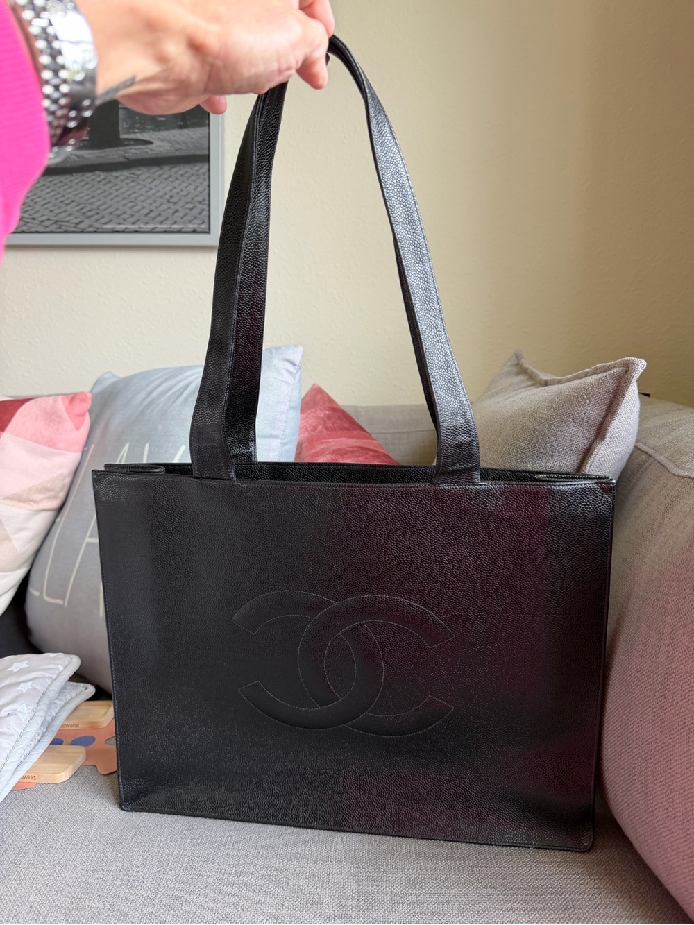 CHANEL Black Leather Tote with Embossed CC Logo